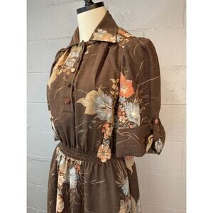 Vintage 1970s Dark Brown Floral Shirt Dress Midi Dress Blouson Collared Medium